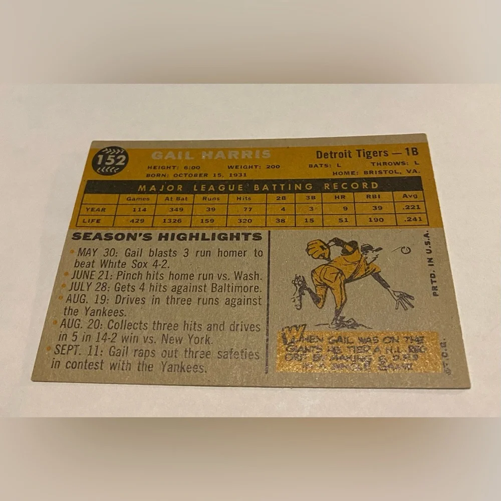 Gail Harris 1960 Topps Baseball Card # 152 Detroit Tigers Vintage Collectible
